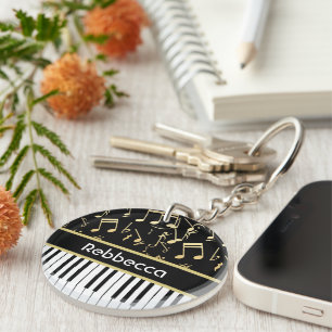 Musical Notes and Piano Keys Black and Gold Key Ring