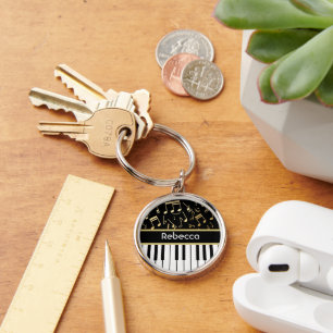 Musical Notes and Piano Keys Black and Gold Key Ring
