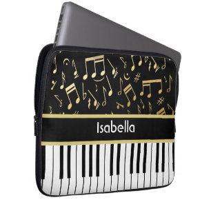 Musical Notes and Piano Keys Black and Gold Laptop Sleeve
