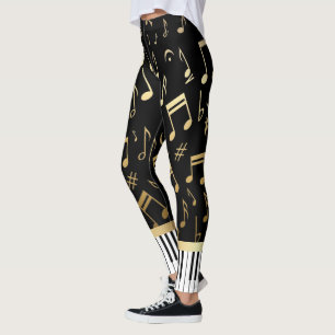 Musical Notes and Piano Keys Black and Gold Leggings