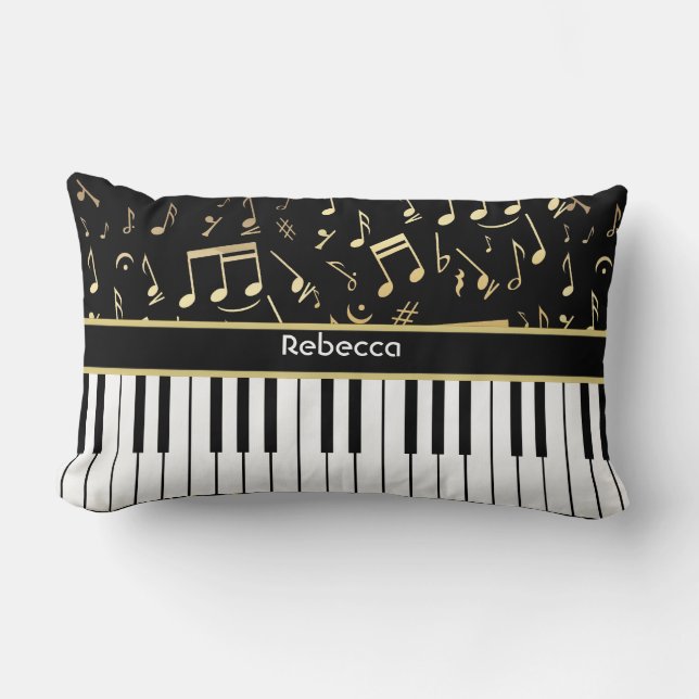 Musical Notes and Piano Keys Black and Gold Lumbar Cushion (Front)