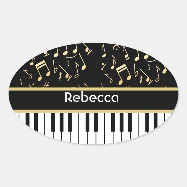 Musical Notes and Piano Keys Black and Gold Oval Sticker (Front)