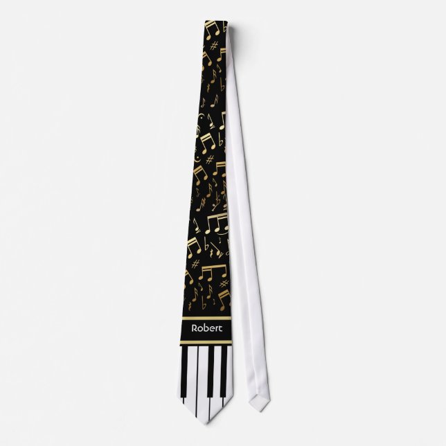 Musical Notes and Piano Keys Black and Gold Tie (Front)