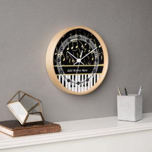 Musical Notes and Piano Keys Black and Gold Wall Clock