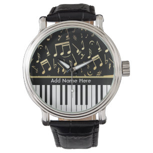 Musical Notes and Piano Keys Black and Gold Watch
