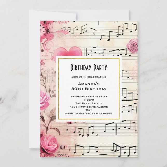 Musical Notes and Roses Vintage Design Birthday Invitation (Front)