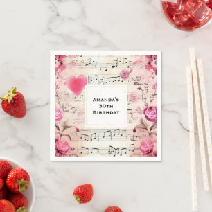 Musical Notes and Roses Vintage Design Birthday Napkin