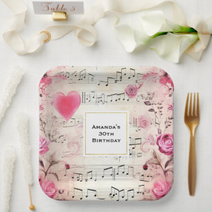 Musical Notes and Roses Vintage Design Birthday Paper Plate