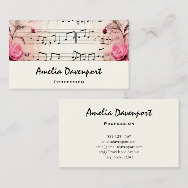 Musical Notes and Roses Vintage Design Business Card (Front/Back)
