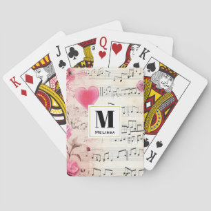 Musical Notes and Roses Vintage Design Monogram Playing Cards