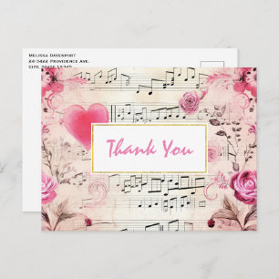 Musical Notes and Roses Vintage Design Thank You Postcard