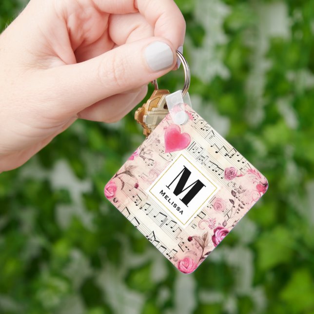 Musical Notes and Roses Vintage Monogram Key Ring (Hand)