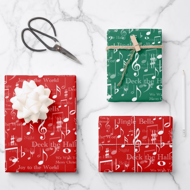 Musical Notes and Symbols, Christmas Carols Wrapping Paper Sheet (Front)