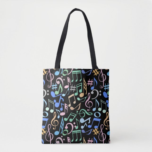 Musical Notes and symbols Pattern pastel. Black BG Tote Bag (Front)
