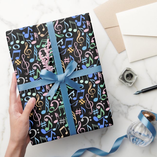 Musical Notes and symbols Pattern pastel. Black BG Wrapping Paper (Gifting)