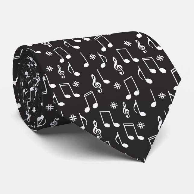 Musical Notes Black with White Notes Tie (Rolled)