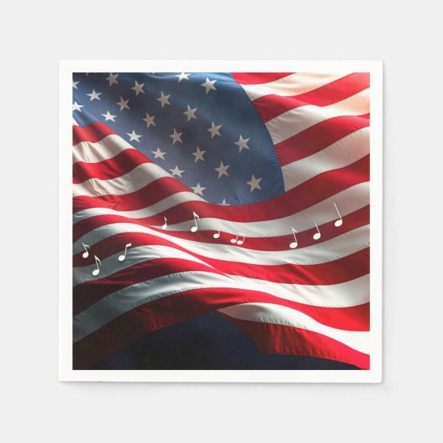Musical Notes Floating On an American Flag Napkin (Front)