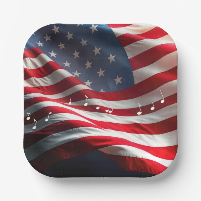 Musical Notes Floating On an American Flag Paper Plate (Front)