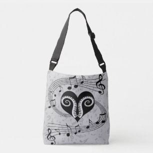 Musical notes heart and piano keys crossbody bag