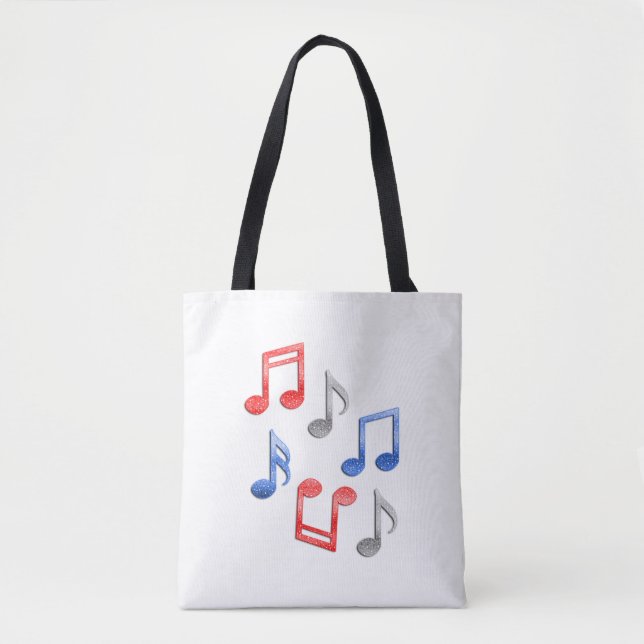 Musical Notes in Red Silver and Blue Glitter Tote Bag (Front)