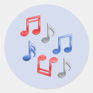 Musical Notes in Red Silver Blue Glitter Classic Round Sticker