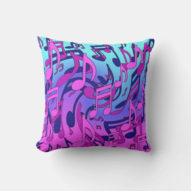 Musical Notes Lively Pink Blue Purple Aqua Pattern Cushion (Front)