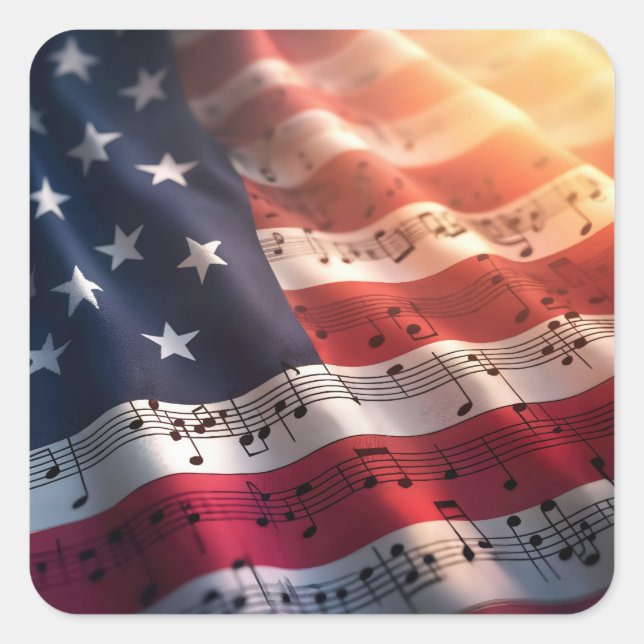 Musical Notes On an American Flag Square Sticker (Front)
