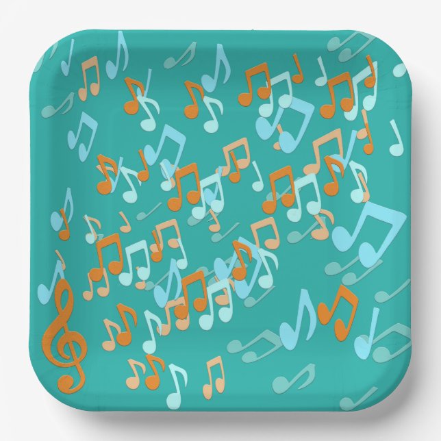 musical notes orange and blues paper plate (Front)