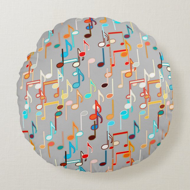 Musical Notes print - Medium Grey, Multi Round Cushion (Front)