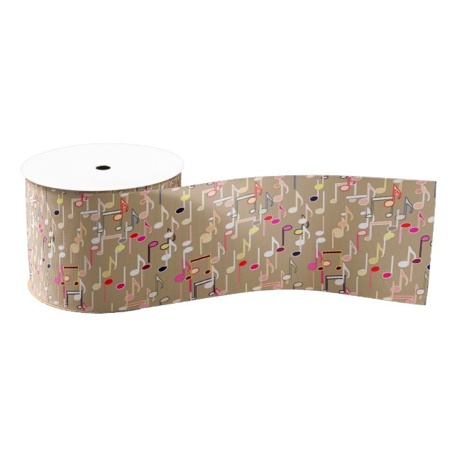 Musical Notes print - taupe tan, multi Grosgrain Ribbon (Spool)