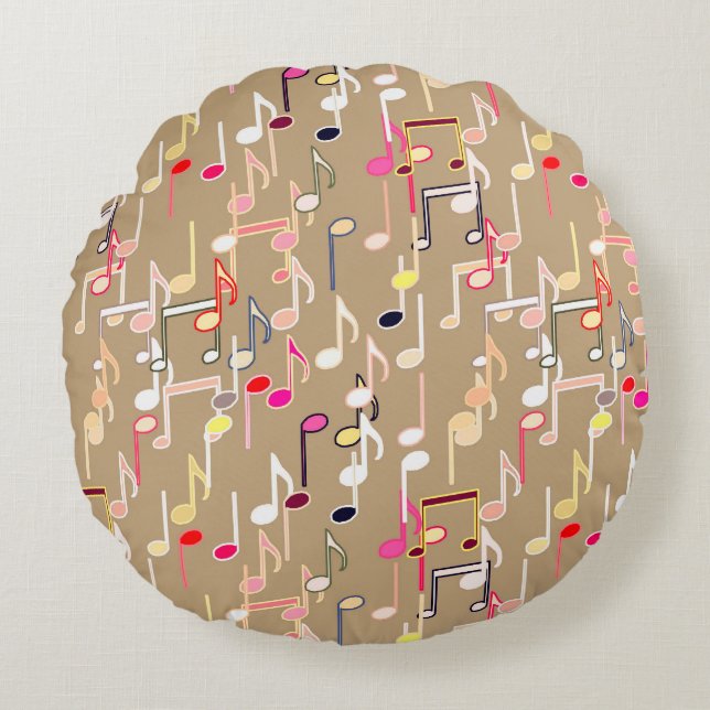 Musical Notes print - taupe tan, multi Round Cushion (Front)