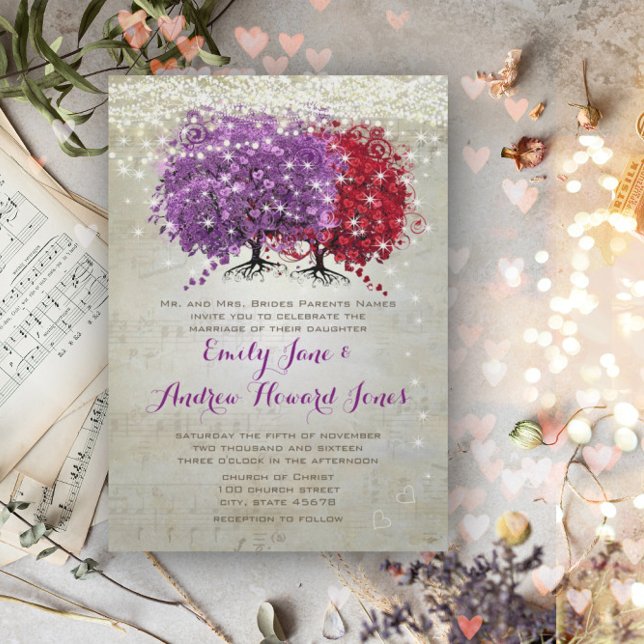 Musical Notes Purple Red Heart Leaf Tree Wedding Invitation (Creator Uploaded)