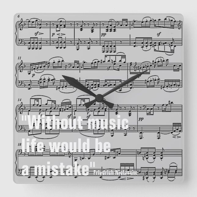 musical notes & quote square wall clock (Front)