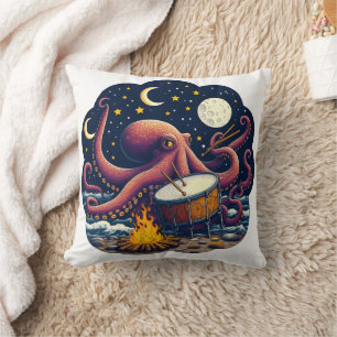 Musical Octopus Drumming by the Campfire at Night Cushion
