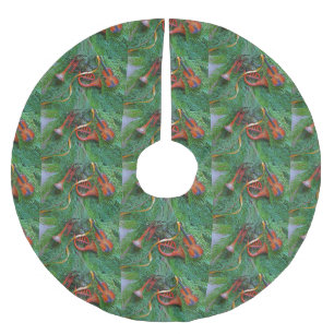 Musical ornaments on greenery brushed polyester tree skirt