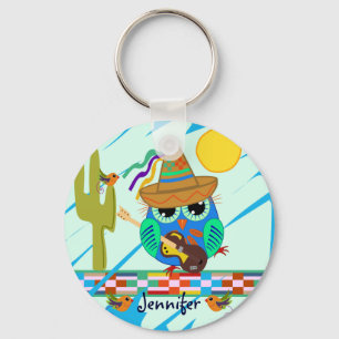 Musical Owl with Guitar & Sombrero, custom Name Key Ring