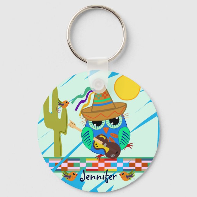 Musical Owl with Guitar & Sombrero, custom Name Key Ring (Front)