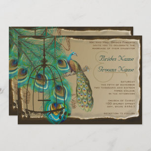Musical Peacock Bird Cage Feather Burnt Parchment Invitation
