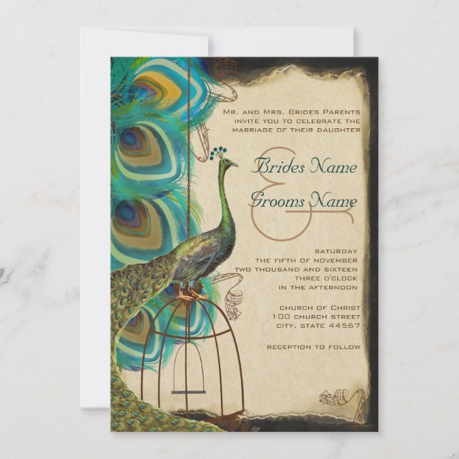 Musical Peacock Bird Cage Feather Wedding Invites (Front)