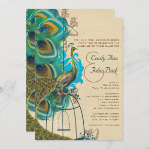 Musical Peacock Bird Cage Feather Wedidng Invites