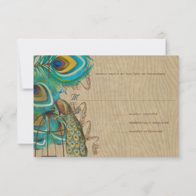 Musical Peacock Bird Cage Feather Wedidng RSVP Card (Front)