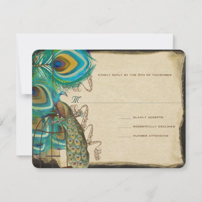 Musical Peacock Bird Cage Feather Wedidng RSVP Card (Front)