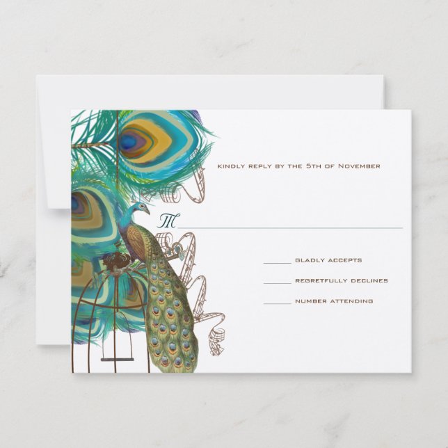 Musical Peacock Bird Cage Feather Wedidng RSVP Card (Front)