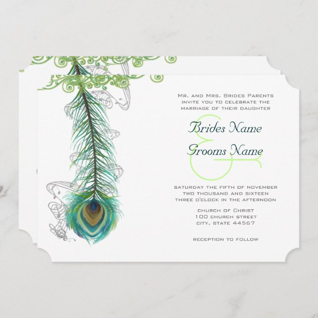 Musical Peacock Feather Dark Wedidng Invitation (Front/Back)