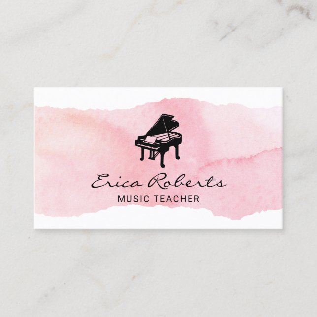 Musical Piano Logo Blush Pink Watercolor Music Business Card (Front)