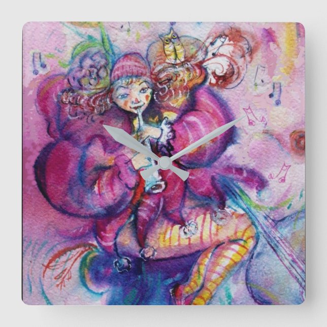 MUSICAL PINK CLOWN SQUARE WALL CLOCK (Front)