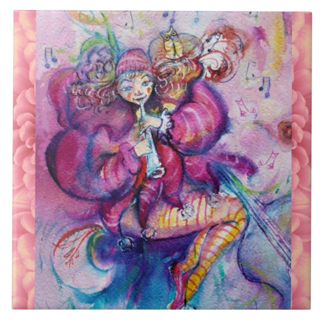 MUSICAL PINK CLOWN WITH OWL CERAMIC TILE (Front)