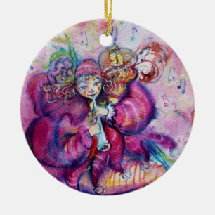 MUSICAL PINK CLOWN WITH OWL CERAMIC TREE DECORATION