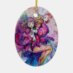 MUSICAL PINK CLOWN WITH OWL CERAMIC TREE DECORATION