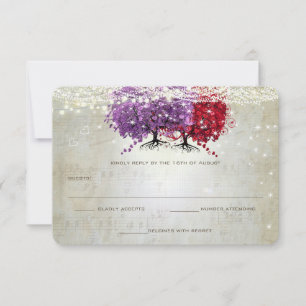 Musical Purple Red Heart Leaf Tree Wedding RSVP Card